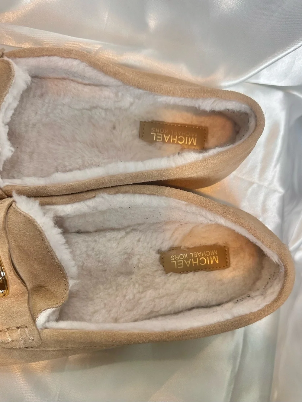 Michael Kors Tan Suede Shearling-Lined Slip-On Loafers